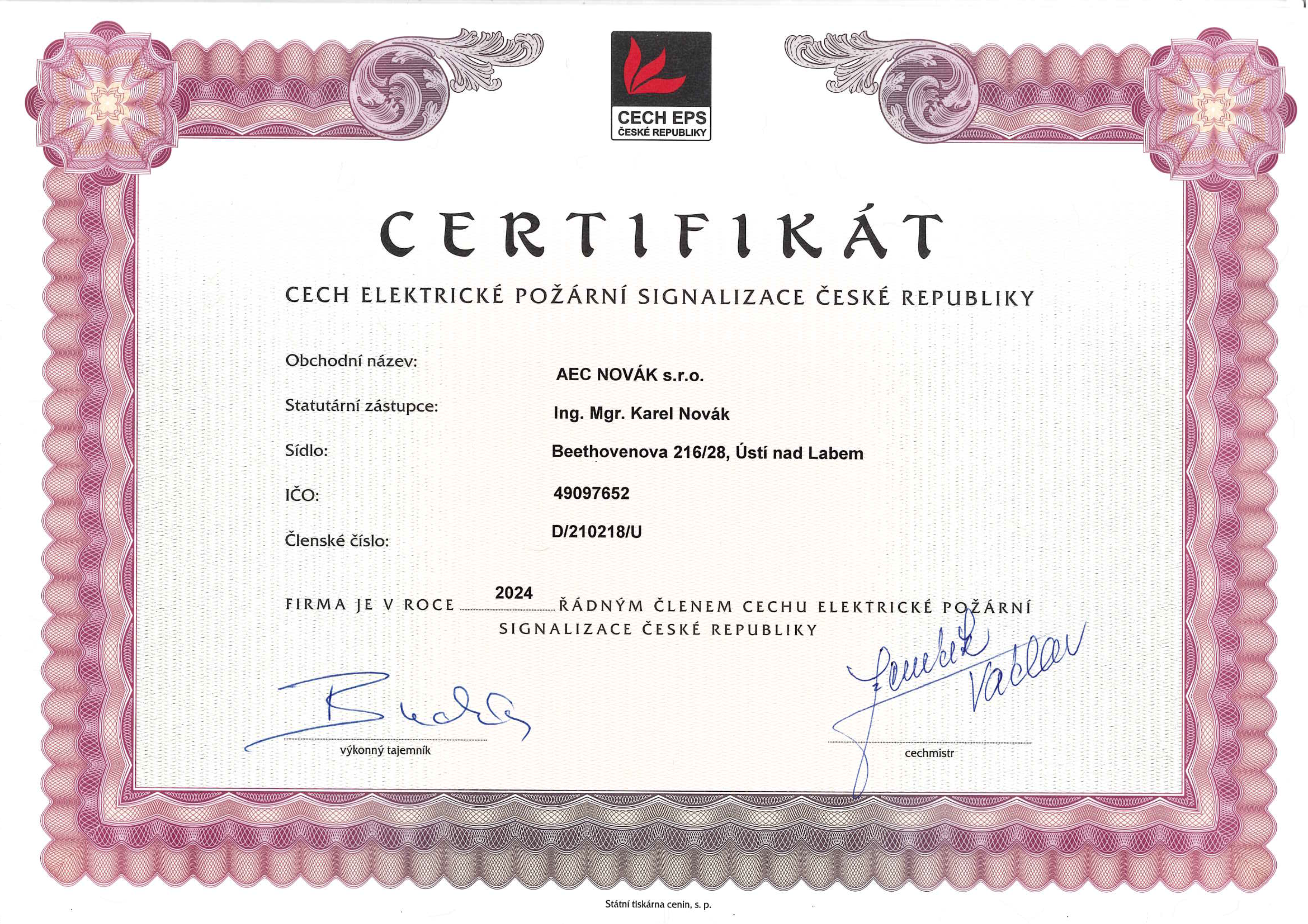 AEC Certifikát Cechu EPS
